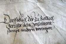 Titeleintrag des Dorfbuches, das 1542 beginnt: „Dorffsbuch der zu Rölbach Gerichts acta Inhalttent sampt andern vertregen“